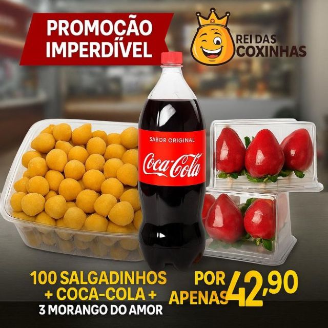100 SALGADINHOS + COCA-COLA + 3 MORANGUINHOS